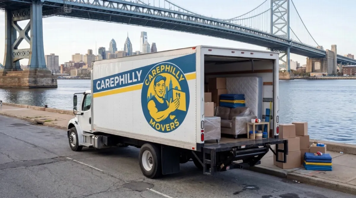 CarePhilly Movers truck on the Benjamin Franklin Bridge approach with the Philadelphia skyline behind it